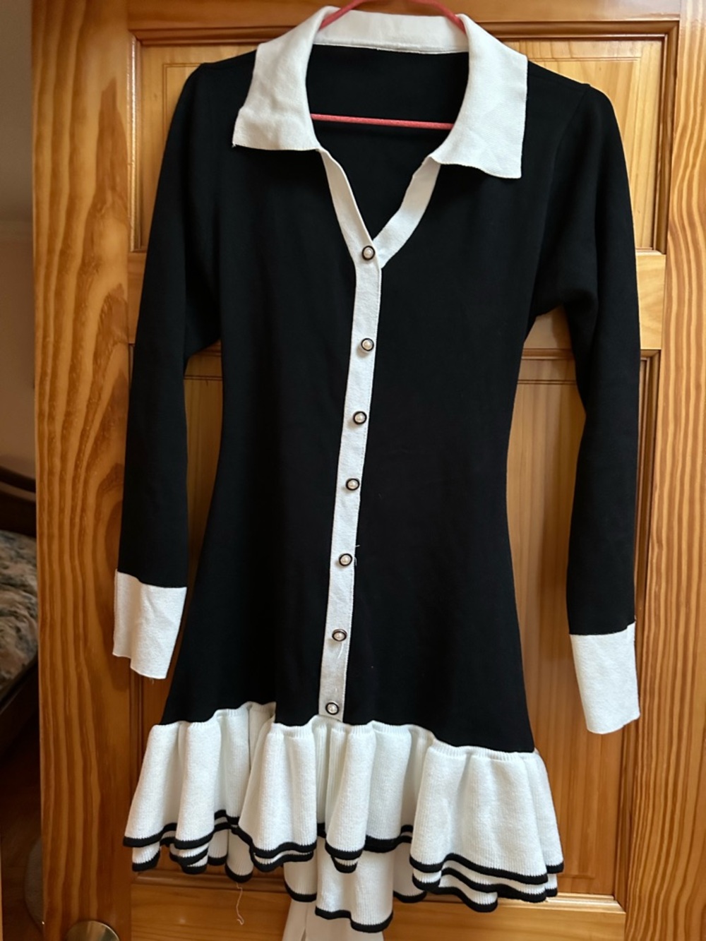 Black and White Ruffle Hem Kids Dress with Contrast Trim